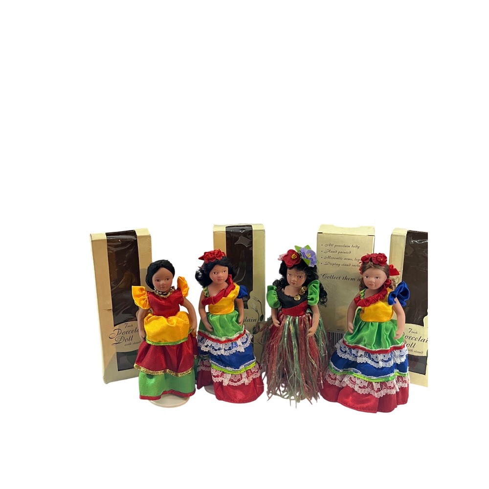 Set of 4 Porcelain Dolls Traditional Folk Costumes Collectible Display